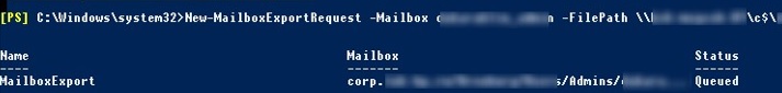 New-MailboxExportRequest: export user mailbox to a pst file