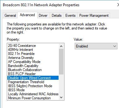 Disabled Upon Wired Connect - 802.11n wireless adapter option