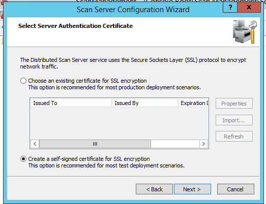 select Distributed Scan Server SSL certificate