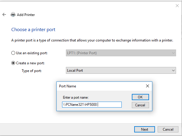 add a shared network printer via unc printer name