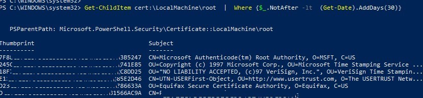 powershell Get-ChildItem: list expired root certs on a computer