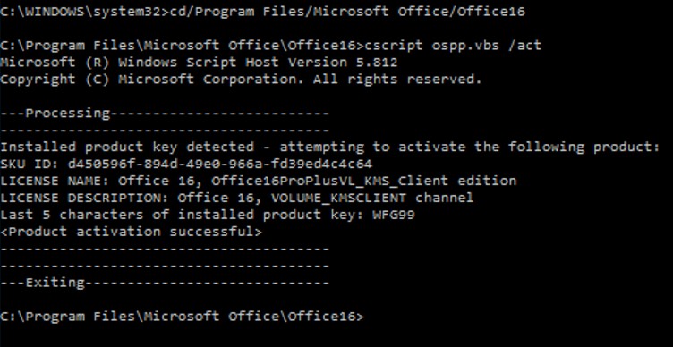 cscript ospp.vbs - activating office2016 on KMS from cmd
