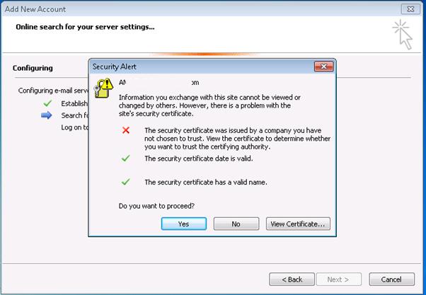 Outlook certificate warning