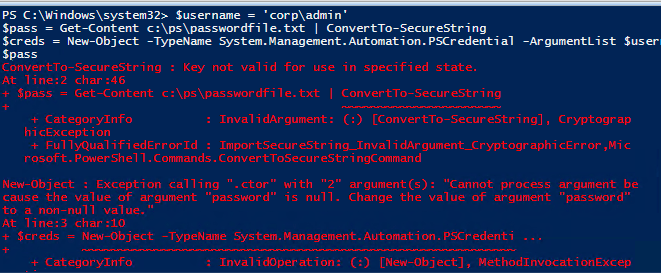 ConvertTo-SecureString : Key not valid for use in specified state