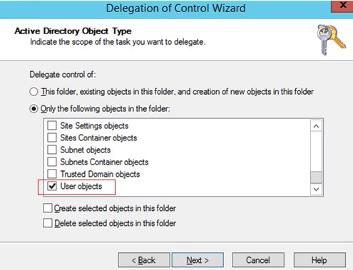 delegation control wizard - user objects