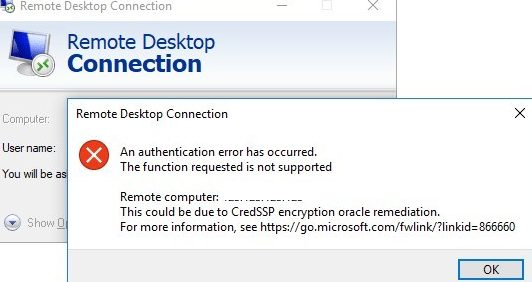 windows 10 rdp error CredSSP encryption oracle remediation