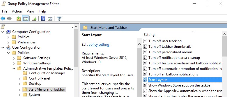 Windows 10 Start Menu and Taskbar policy - Start Layout
