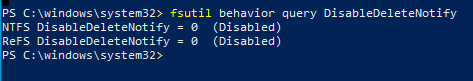 fsutil behavior query DisableDeleteNotify check TRIM state for SSD in Windows 10