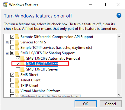 enabling SMB 1.0/CIFS File Sharing Support feature on Windows 10
