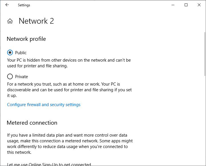 network profile change from public to private in windows 10 settings