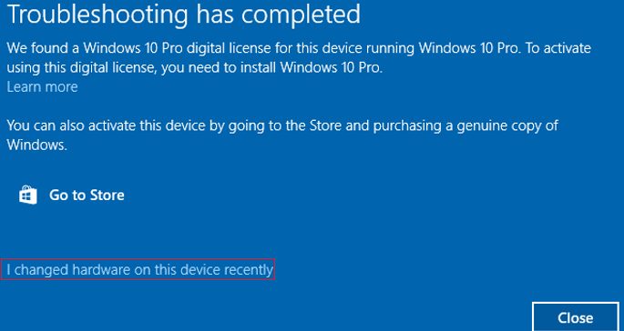 We found a Windows 10 Pro digital license for this device running Windows 10 Pro - I changed hardware on this device recently