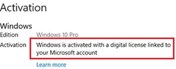 Windows is activated with a digital license linked to your Microsoft account