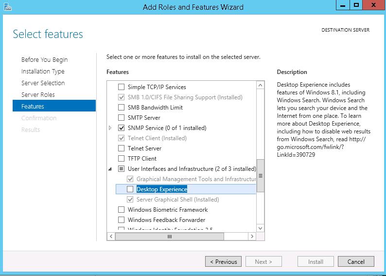 Desktop Experience feature on Windows server 2012 R2
