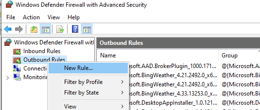 create new outbound rule on windows firewall
