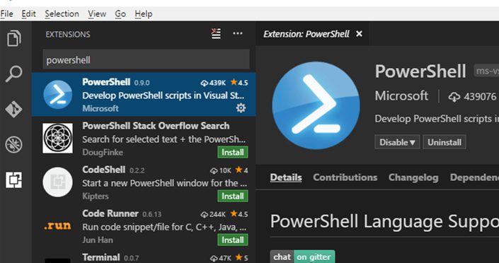 install powershell extension for visual studio code