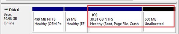 unallocated space is to the right of primary windows 10 partition