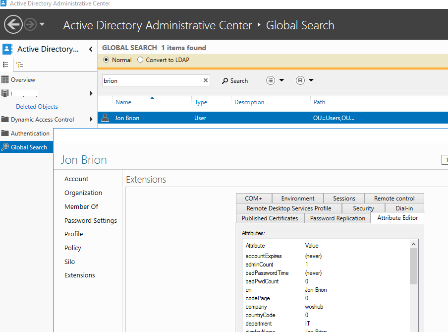 User's Attribute Editor in Active Directory Administrative Center 