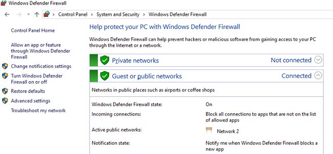 Windows Defender Firewall network location (profiles)