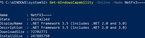 Get-WindowsCapability NetFx3 install state