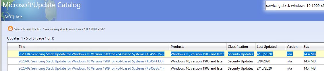 download and install latest Windows 10 Servicing Stack Update
