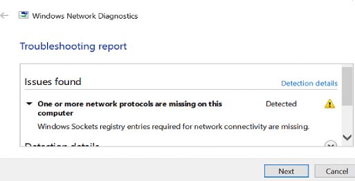  network protocols are missing . Windows Sockets registry entries required for network connectivity are missing windows 10 