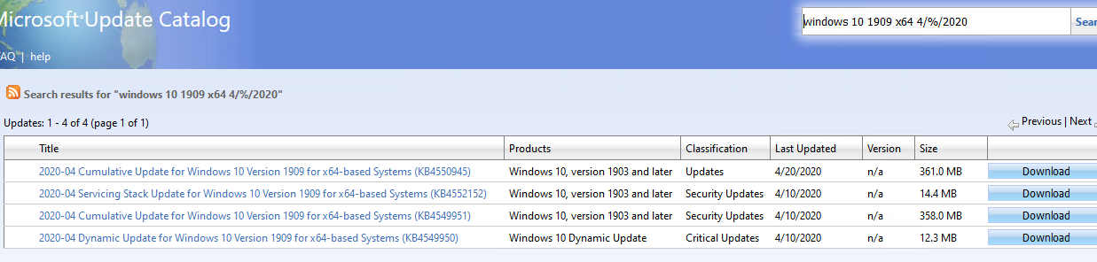 search for windows security cumulative updates on Microsoft Update Catalog