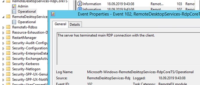 The server has terminated main RDP connection with the client: Microsoft-Windows-RemoteDesktopServices-RdpCoreTS