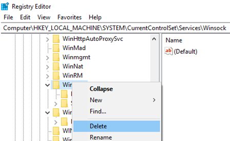 windows 10 - clear Winsock setting in registry