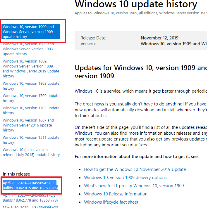 windows 10 update history for all builds and versions