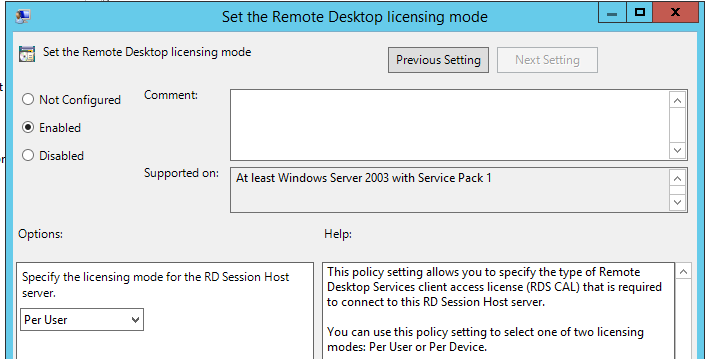POlicy - Set the Remote Desktop licensing mode - Per User