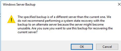 the specified backup in oa a different server than the current one
