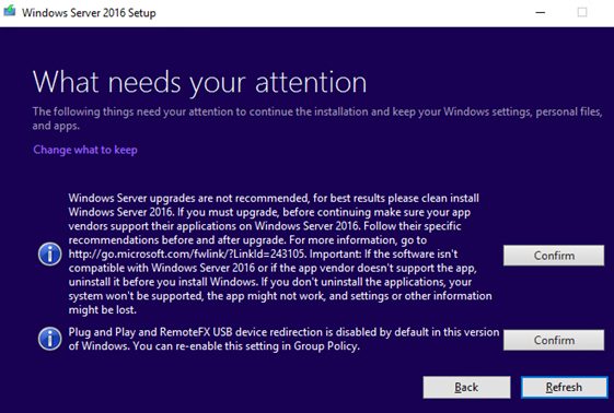 windows server upgrade is not recommended