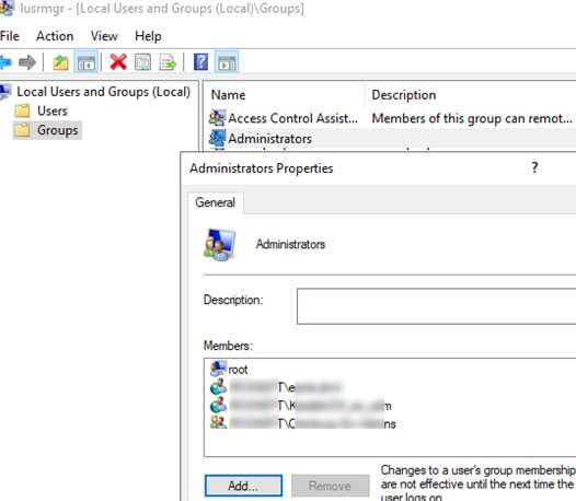 add user to the local administrator group manually using local users and groups snap-in (lusrmgr.msc)