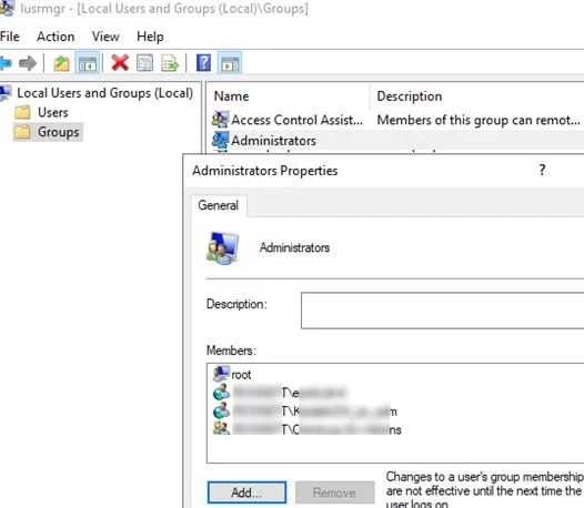 add user to the local administrator group manually using local users and groups snap-in (lusrmgr.msc)