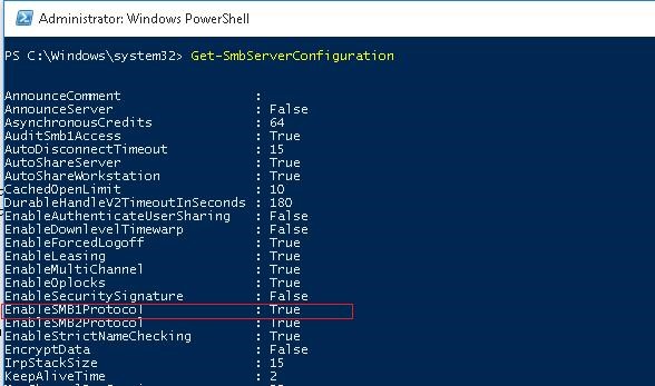 Get-SmbServerConfiguration smb1protocol is enabled 