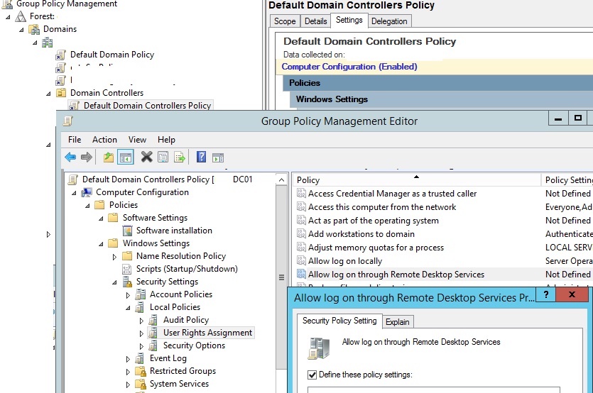 default domain controller policy: allow logon over rdp