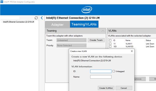 add a new VLAN on Windows using Intel PROSet Adapter Configuration Utility 