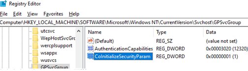 GPSvcGroup: AuthenticationCapabilities and CoInitializeSecurityParam parameters