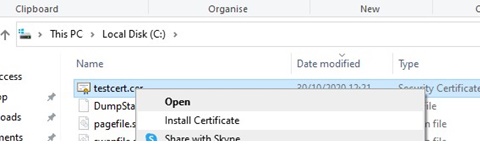 install certificate with file explorer on windows 10