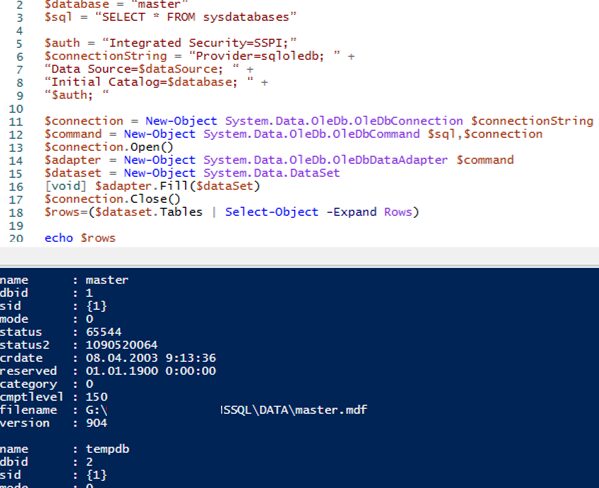 microsoft sql server connection from powershell using OleDb.OleDbConnection class