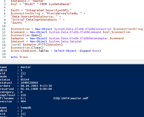 microsoft sql server connection from powershell using OleDb.OleDbConnection class
