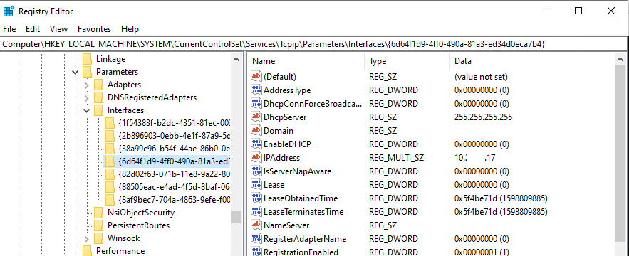NIC settings (including IP adress) in windows 10 registry