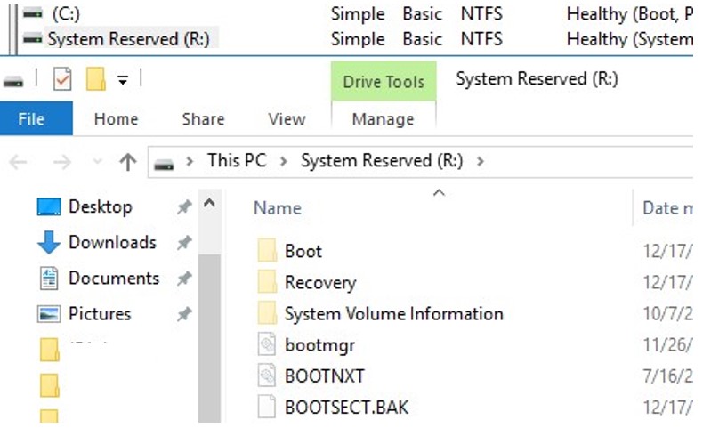 content of system reserved partition in windows 10