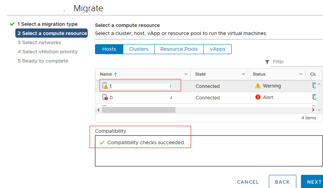 vmotion - select traget host - Compatibility checks succeeded 